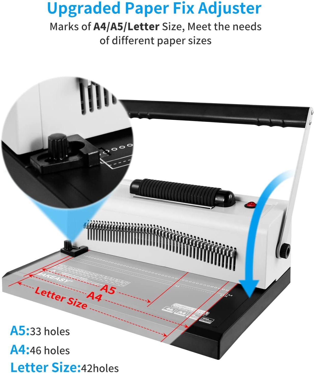 MAKEASY Spiral Coil Binding Machine for LTR/A4 - Disengaging Pins - 4 to 1 Pitch - 20 Sheet Punch Capacity - Electric Coil Inserter - Adjustable Side Margin, with Free 100pcs Coil Spines & Crimper - Image 3